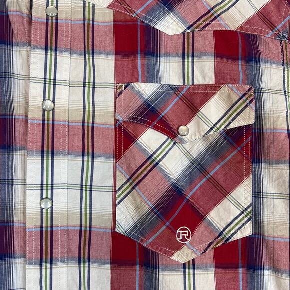 Roper Men’s Short Sleeve Pearl Snap Western Shirt Red Blue Plaid Size L Cowboy - Picture 3 of 9